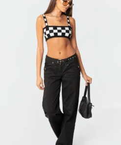 S11502_black-and-white Checkers Knitted Crop Top