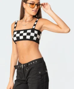 S11502_black-and-white Checkers Knitted Crop Top