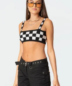 S11502_black-and-white Checkers Knitted Crop Top