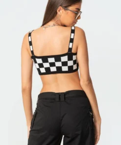 S11502_black-and-white Checkers Knitted Crop Top