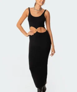 S11543_black Knitted Hoop Midi Dress Dresses