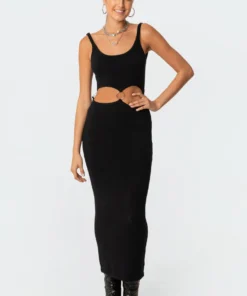 S11543_black Knitted Hoop Midi Dress Dresses