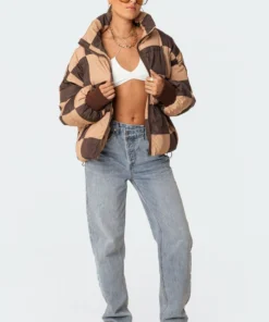 S11508_brown Payton Check Puffer Jackets & Coats