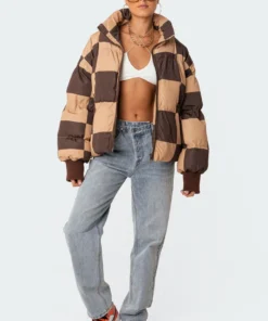 S11508_brown Payton Check Puffer Jackets & Coats