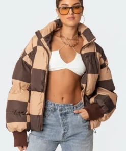 S11508_brown Payton Check Puffer Jackets & Coats