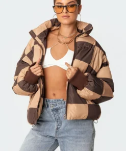 S11508_brown Payton Check Puffer Jackets & Coats