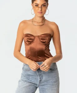 S11573_brown Misha Satin Corset Top