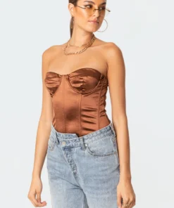 S11573_brown Misha Satin Corset Top