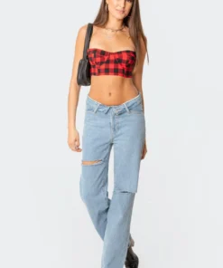 S11670_mix Tops Quin Plaid Bustier Top