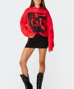 S11473_red Tops Mono Print Hoodie