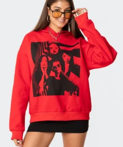 S11473_red Tops Mono Print Hoodie