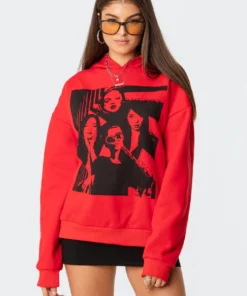 S11473_red Tops Mono Print Hoodie