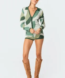 S11560_mix Renee Geometric Knitted Romper Jumpsuits & Rompers