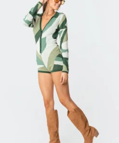 S11560_mix Renee Geometric Knitted Romper Jumpsuits & Rompers