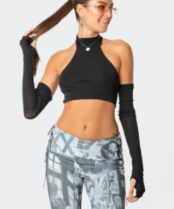 S11648_black Tops Eva Sleeve Halter Top