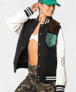 S11605_black Varsity Jacket With Pu Sleeves Jackets & Coats