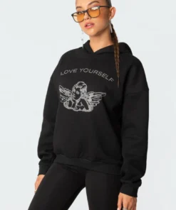 S11614_black Angie Rhinstone Hoodie Tops