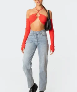 S11655_red Ayden Removable Sleeved Crop Top Tops