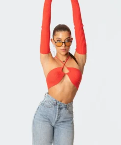 S11655_red Ayden Removable Sleeved Crop Top Tops