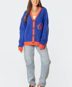 S11598_blue Oversized Varsity Cardigan Tops
