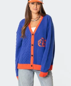 S11598_blue Oversized Varsity Cardigan Tops