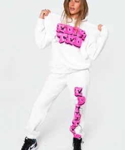 7008_white Graphic Tag Hoodie Tops