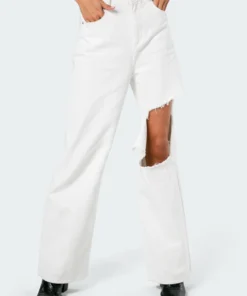 2006_white High-Key Ripped Wide Jeans