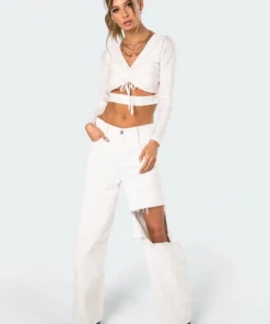 2006_white High-Key Ripped Wide Jeans