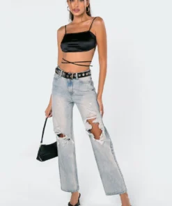 1038_black Tops Aria Satin Open Back Crop Top