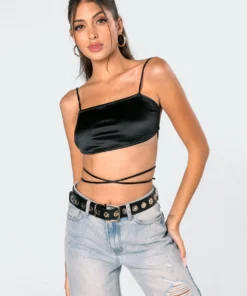 1038_black Tops Aria Satin Open Back Crop Top