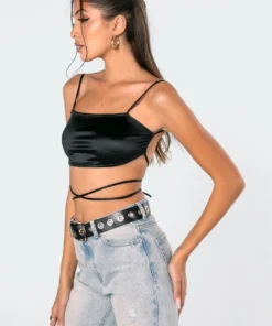 1038_black Tops Aria Satin Open Back Crop Top