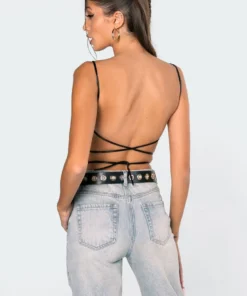 1038_black Tops Aria Satin Open Back Crop Top