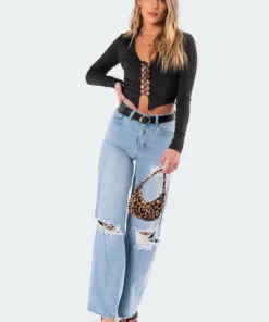 3037_black Cleo Lace-Up Top