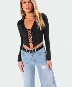 3037_black Cleo Lace-Up Top