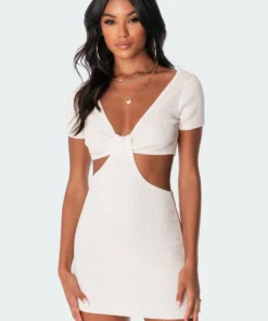 S11075_cream Dresses Becky Cut-Out Ribbed Mini Dress