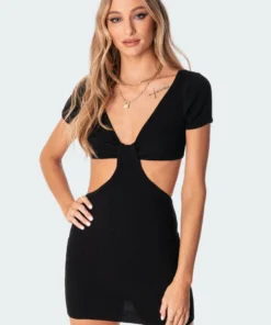 S11075_black Becky Cut Out Ribbed Mini Dress