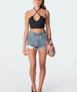 S11154_black Taya Adustable Halter Top Tops