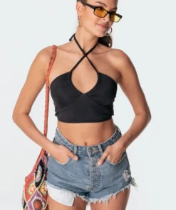 S11154_black Taya Adustable Halter Top Tops
