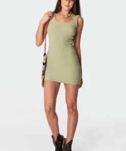 S11108_green Chia Ribbed Open Back Dress Dresses