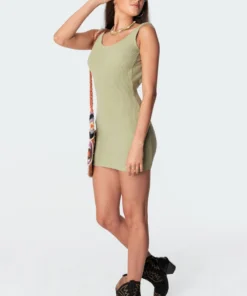 S11108_green Chia Ribbed Open Back Dress Dresses