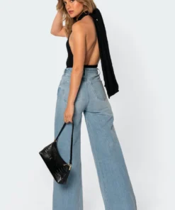 3102_black Tops Tuli Ribbed Open Back Bodysuit