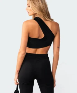 3107_black Gina One Shoulder Crop Top Tops