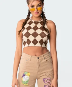 S11026_brown Tops Baby Chino Argyle Crop Top