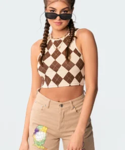 S11026_brown Tops Baby Chino Argyle Crop Top