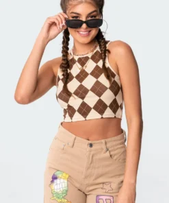 S11026_brown Tops Baby Chino Argyle Crop Top