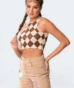 S11026_brown Tops Baby Chino Argyle Crop Top