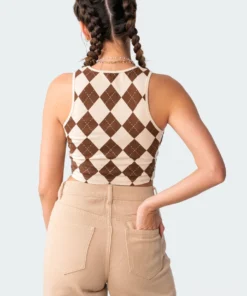 S11026_brown Tops Baby Chino Argyle Crop Top