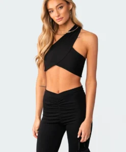 3107_black Gina One Shoulder Crop Top Tops