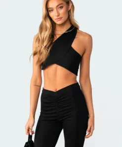 3107_black Gina One Shoulder Crop Top Tops