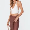 S11426_white Gathered Mesh Halter Top Tops